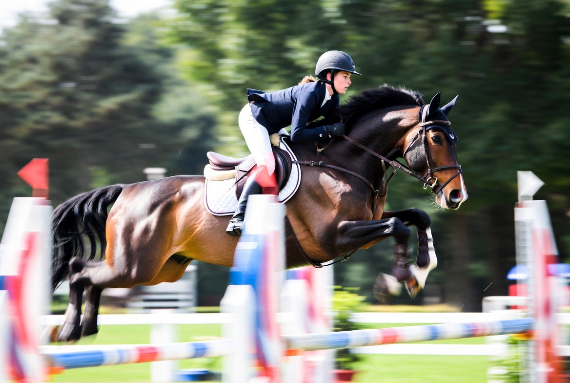 Rider and warmblood jumper clearing an obstacle on a colorful show jumping course