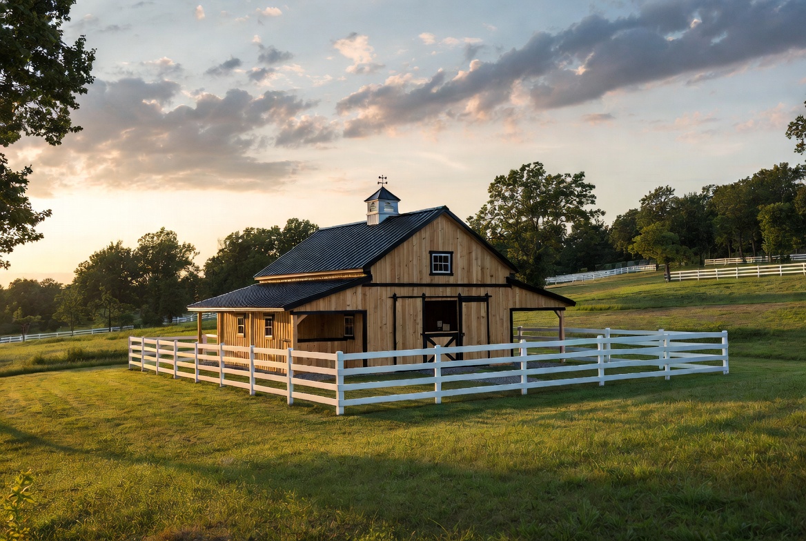 Beautiful new wooden horse barn with white fencing and pastures at golden hour