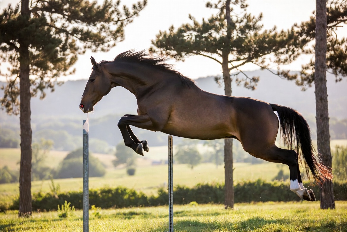 Dark bay warmblood show jumper clearing a high jump in a sunlit arena with pine trees and hills