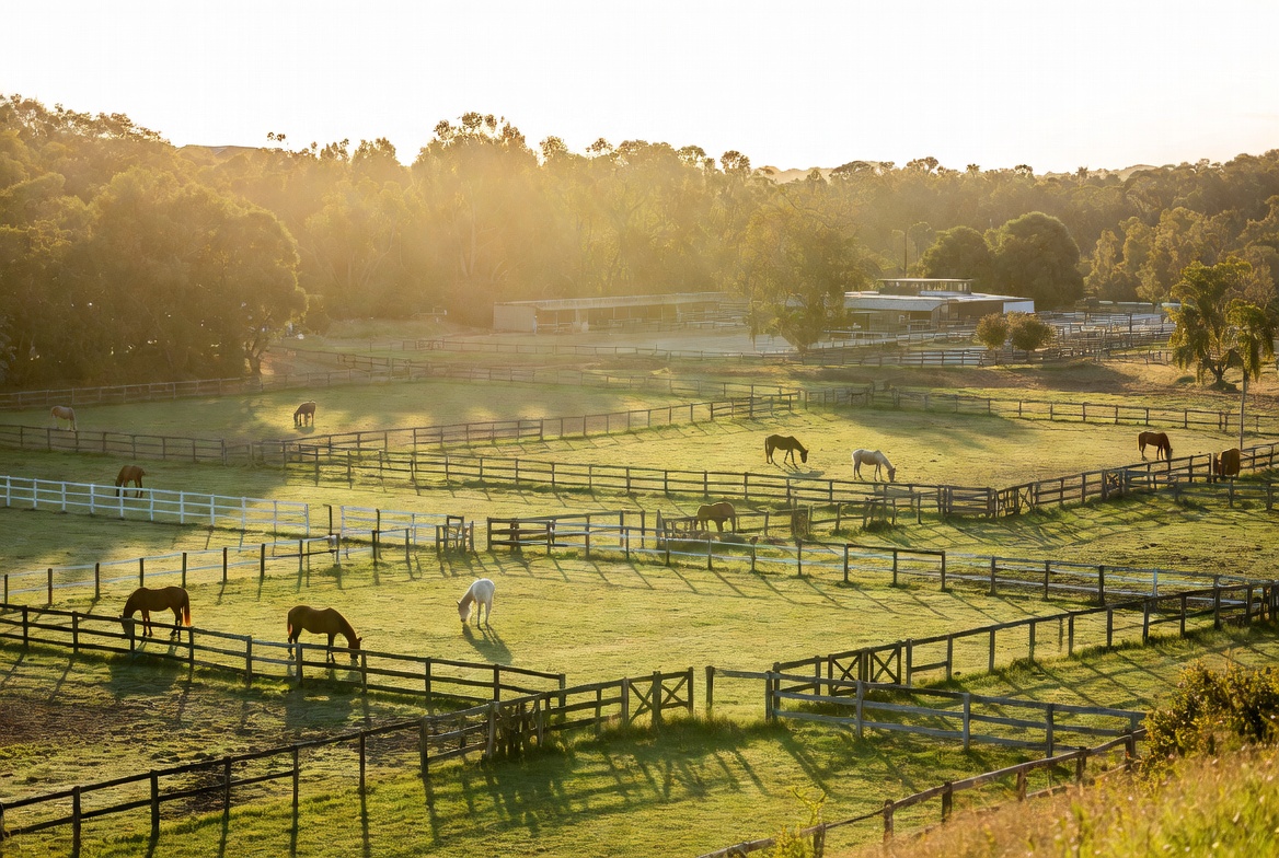 Scenic golden hour view of multiple horses grazing in large fenced pastures at a beautiful equestrian facility